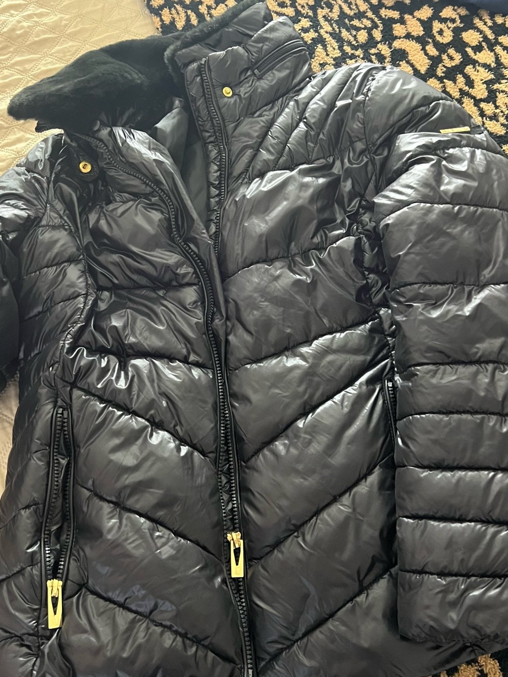 Via Spiga Black Quilted Shiny Puffer Coat with Gold Hardware